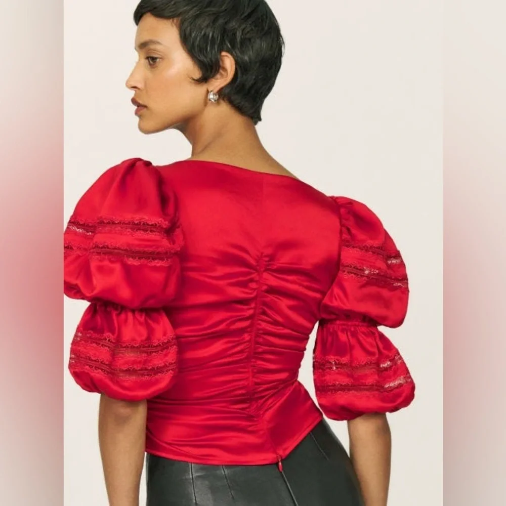 New! Reformation The Collection Winchester Puff Sleeve Blouse in Cherry Red 🍒 4